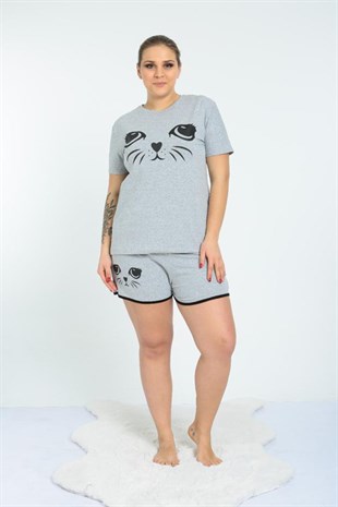 İkili Pijama Takımı Kedi Desenli Gri