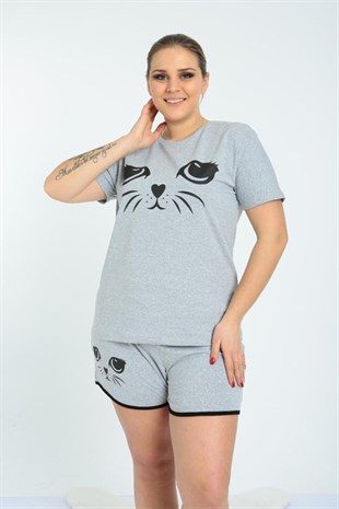 İkili Pijama Takımı Kedi Desenli Gri