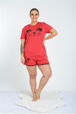 İkili Pijama Takımı Kedi Desenli Kırmızı