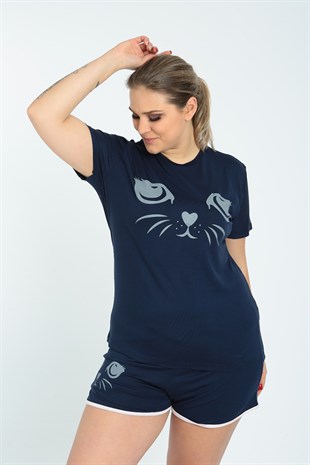 İkili Pijama Takımı Kedi Desenli Lacivert