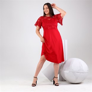 Omuzları Dantelli Kısa Kol Kırmızı Sandy Elbise