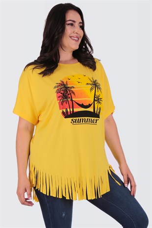 Summer Baskılı Oversize Büyük Beden Sarı Tişört