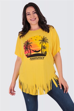 Summer Baskılı Oversize Büyük Beden Sarı Tişört